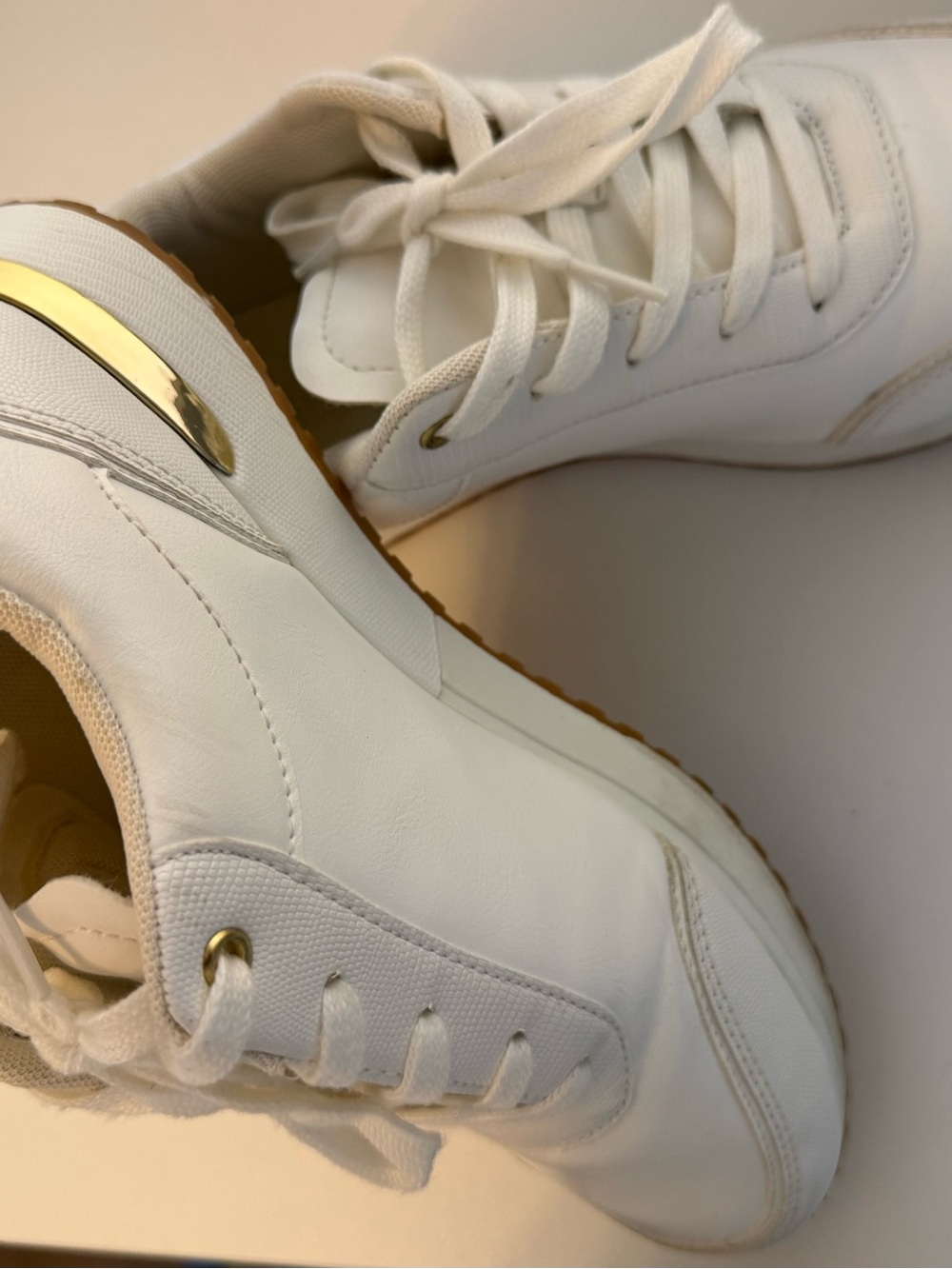 White Women's Platform Sneakers with Gold Accent, stylish, punky